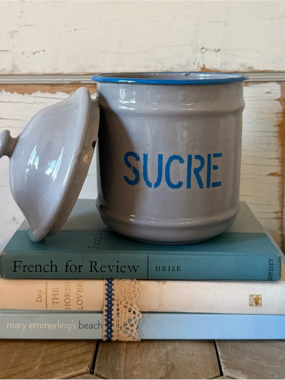 Vintage French Enamel Canisters;Sucre, Cafe & Farine,SET/3, Blue/Gray, Provence
